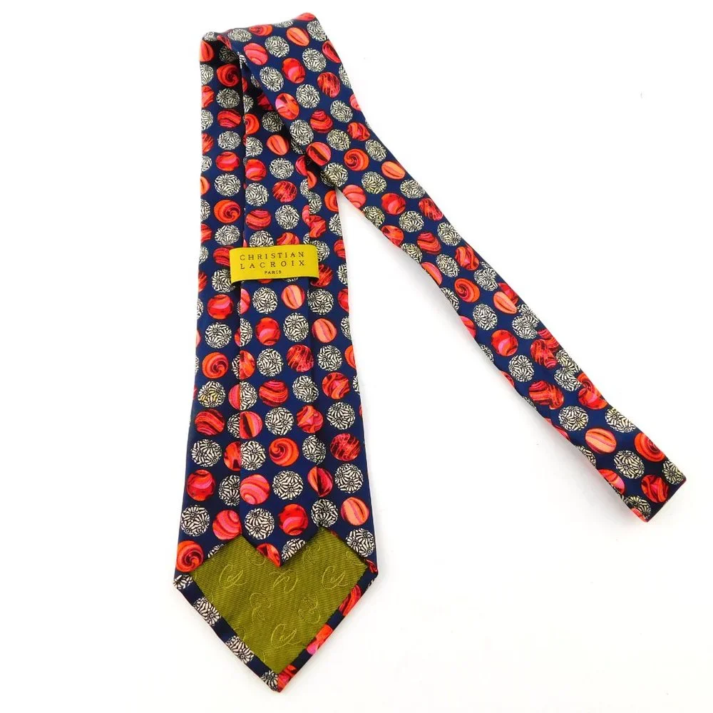 CHRISTIAN LACROIX Italian Silk Ocean Blue Orange Marble Spheres Neck Tie